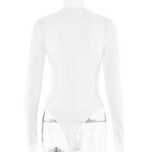 Rear view of white long sleeve turtleneck bodysuit showing slim fit design and premium cut