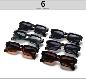 Flat lay of retro square sunglasses in six diverse frame colors and tinted lenses