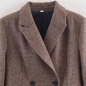 Women's mid-length houndstooth blazer jacket with double-breasted buttons and notched lapels