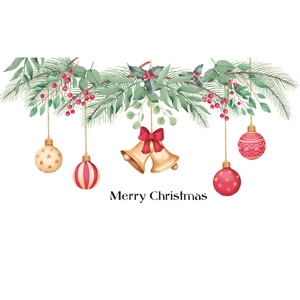 Watercolor Christmas wall sticker with pine branches, berries, bells and Merry Christmas text