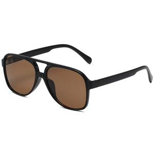 Retro double-bridge aviator sunglasses with black frames and brown tinted lenses