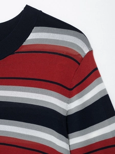Close-up of multicolor striped knit top showing the ribbed crew neck and shoulder seam