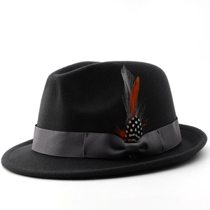Black wool fedora hat with grey grosgrain bow and colorful feather accents for men and women