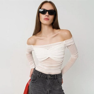 Off Shoulder Mesh Oberteil Damen Transparent Gerafft Langarm Sexy Slim Fit Falten T-Shirt Mode Streetwear