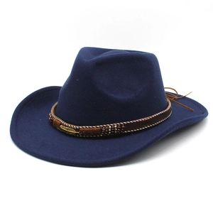 Classic dark blue wool felt western cowboy hat with woven beaded band and feather pendant