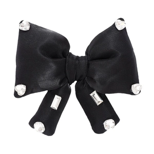 Elegant black fabric bow accessory with sparkling rhinestone crystals on white background