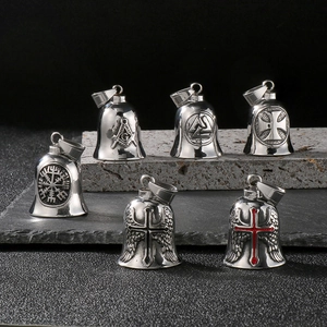 Silver viking and masonic steel guardian bell pendants with red enamel cross accents