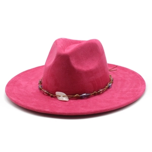 Ethnic style rose red wide brim fedora hat with beaded band for men and women