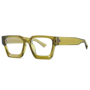 Stylish olive green thick square frame blue light blocking glasses in transparent finish
