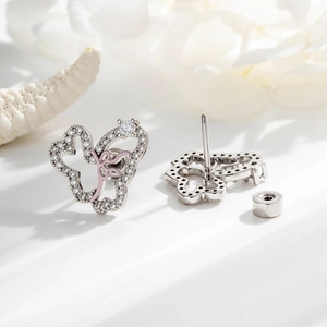 Sparkling silver butterfly ear studs with pink enamel and zircons for women
