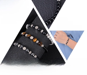 Detailed views of tiger eye and obsidian bead bracelets with adjustable stainless steel