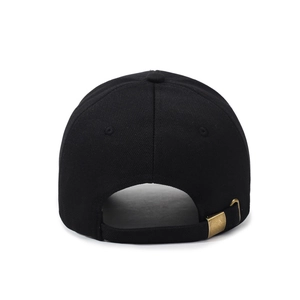 Rear view of black twill baseball cap featuring an adjustable vintage gold metal buckle