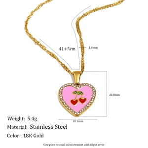 18K gold plated stainless steel cherry heart necklace with size measurements shown