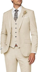 Detail of beige slim fit 3-piece suit showing linen texture, lapel flower, and waistcoat