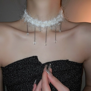Elegant white plush choker necklace with crystal fringe detail for women's winter fashion