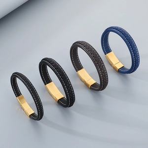 Bracelets en cuir tressé pour homme avec fermoir magnétique doré en noir, marron et bleu