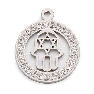 Silver stainless steel Hamsa and Star of David pendant with sparkling zircons