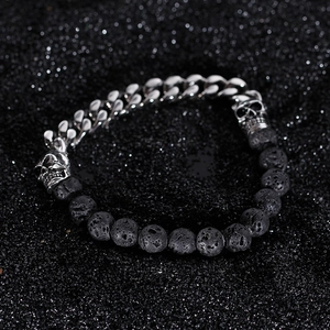 Cuban chain bracelet with skull accents and black lava rock beads for men and women