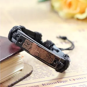 Bracelet tressé en cuir noir pour homme avec gravure laser de la prière Notre Père