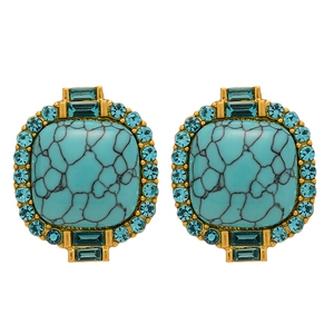 Boucles d'oreilles vintage en turquoise carrée avec strass bleus et détails dorés