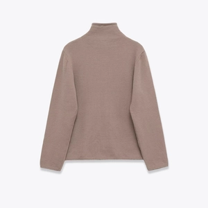 Taupe long sleeve high neck knit sweater shown from the back on a white background