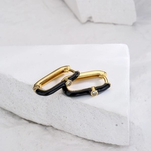Minimalist 18K gold plated black geometric earrings with cubic zirconia on stone base