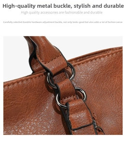 Close-up of gunmetal hardware and lychee texture leather on a brown tote bag handle