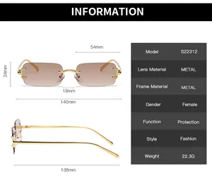 Detailed size specifications and technical dimensions for fashion rimless sunglasses S22312