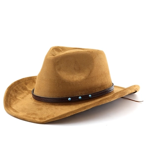 Brown faux suede bohemian cowboy hat with leather band and turquoise accents