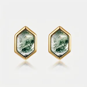 Geometric Hexagon Natural Green Moss Agate Stud Earrings For Women 925 Sterling Silver Earring Post 10K Gold Plated Jewelry