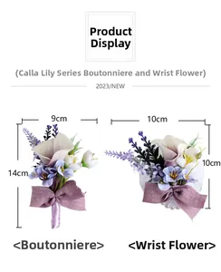 Detailed size specifications for purple and ivory calla lily corsage and wristlet set
