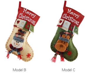 Detail of 3D snowman and reindeer embroidery on large Merry Christmas stockings