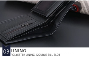 Detail view of black vintage wallet with polyester lining and double bill slot