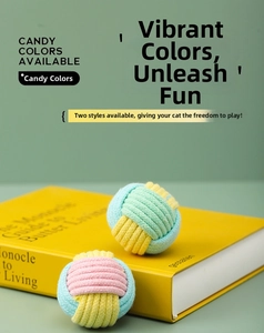 Close-up of catnip toys with colorful cotton rope balls for pet teeth cleaning and play