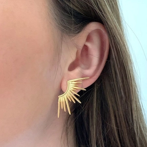 Minimalist S925 18K gold sunburst stud earrings displayed on a model's ear lobe