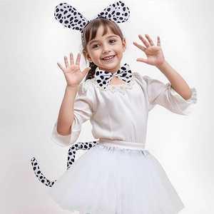 Close-up of Dalmatian costume set featuring spotted ears headband, bowtie, and tail