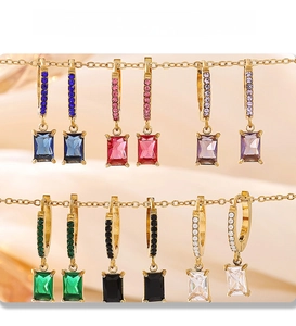 Macro shot of 18K gold plated square zircon earrings in six diverse vibrant colors