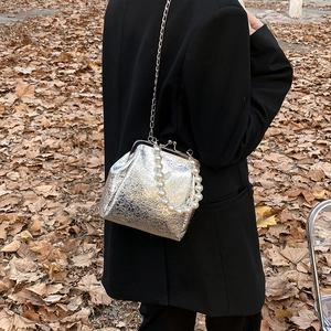 Silver metallic crossbody bag with pearl handle and chain strap shown in outdoor setting
