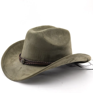 Olive green suede western cowboy hat with brown braided leather band and metal buckle