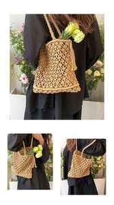 Detail of beige hand-woven hollow bag with tassel accent and large interior capacity
