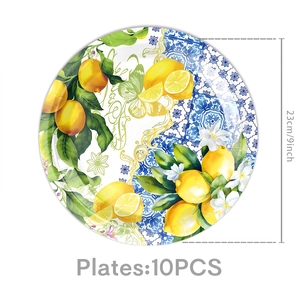 Detail of 9-inch disposable paper plates with lemon and Mediterranean tile patterns, 10 pieces