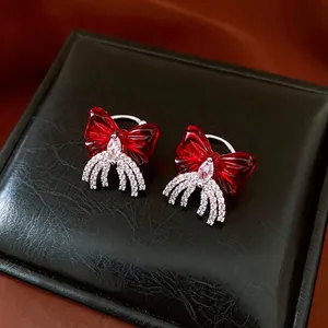 Bowknot Ear Cuff Red Resin Zircon Tassel Non-Pierced Earrings Copper Elegant Vintage Jewelry For Women