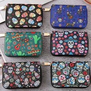 Women Zipper Wallet PU Leather Gothic Sugar Skull Floral Print Card Holder Multipurpose Organizer