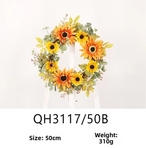 Close-up of 50cm autumn sunflower wreath with eucalyptus leaves, item QH3117/50B