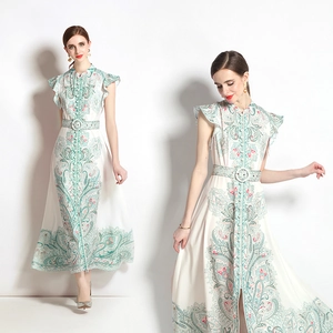 Vintage Paisley Print Maxi Dress For Women Retro Court Style Flutter Sleeve Linen A-Line Long Gown With Belt Elegant