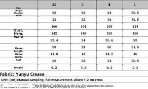 Detailed size chart for ruffled tiered blouse with measurements for XS to L sizes