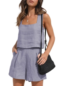 Detailed texture of lavender linen two-piece set featuring square neck tank top and shorts