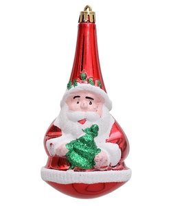 Detailed view of Santa Claus ornament with metallic red finish and white frosted snow texture