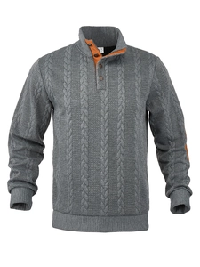 Detail of grey cable-knit sweater with high collar, button placket and contrast trim