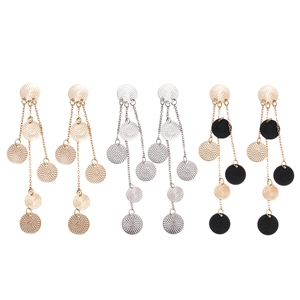 Three pairs of elegant long metal tassel earrings in gold, silver, and gold-black finish